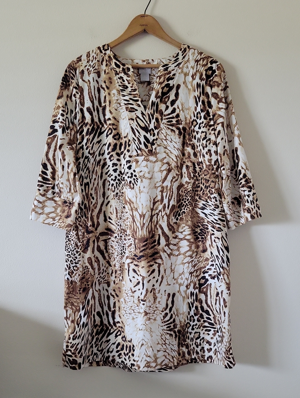 Chico's Animal Print Poplin Tunic 3/4 Sleeve Dress Size Large